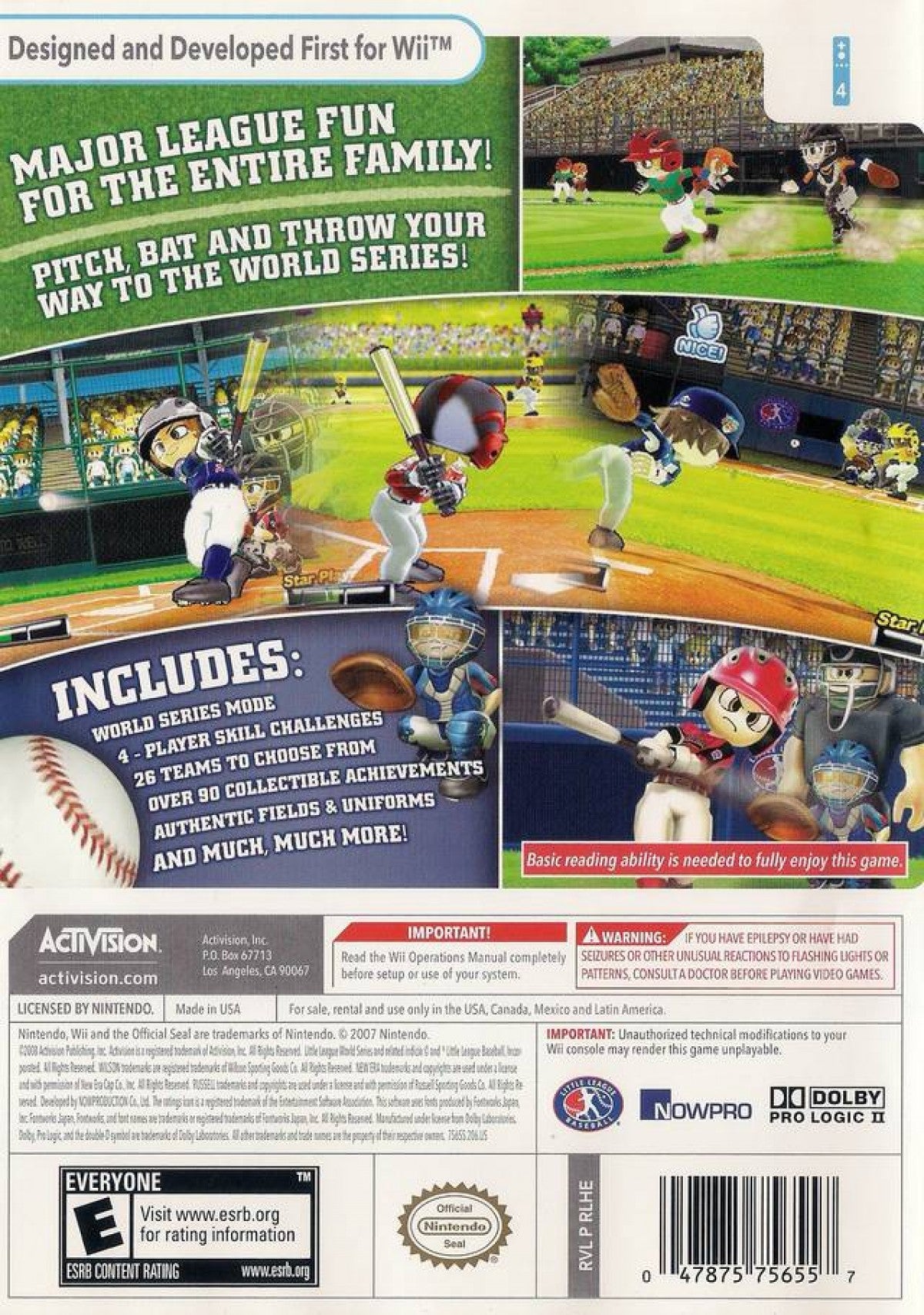 Little League World Series 2008 – Nintendo Wii (Wii) baseball sports video game back of case