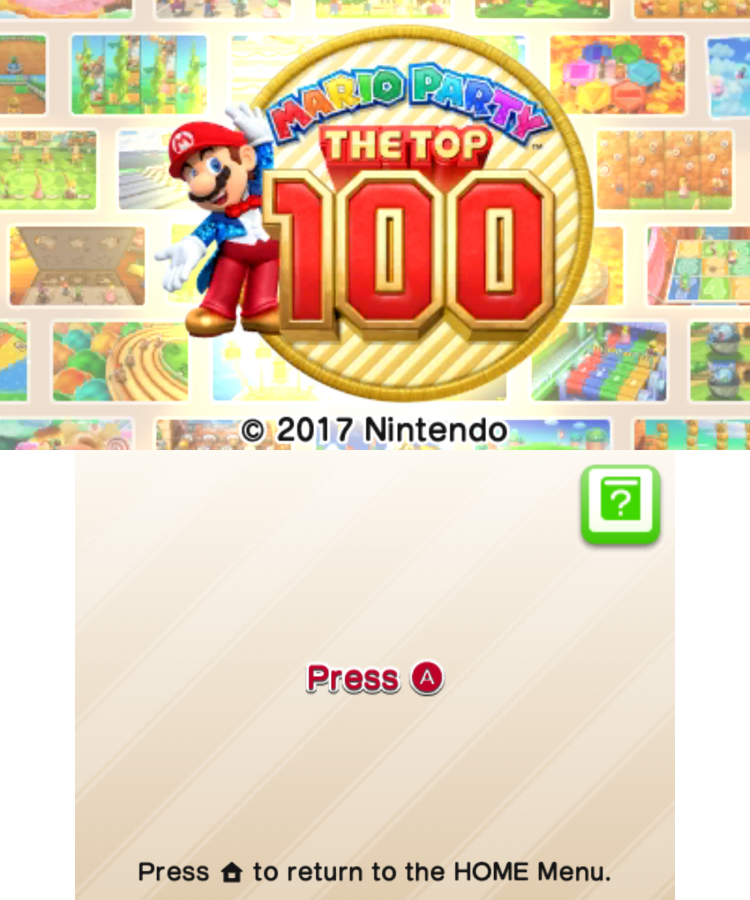 Mario Party: The Top 100 start screen for Nintendo 3DS (3DS) video game