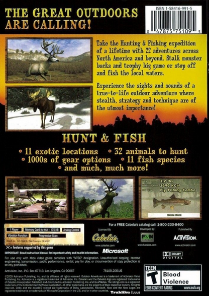 Cabela’s Outdoor Adventures for PlayStation 2 with hunting, fishing, and outdoor exploration theme back cover art