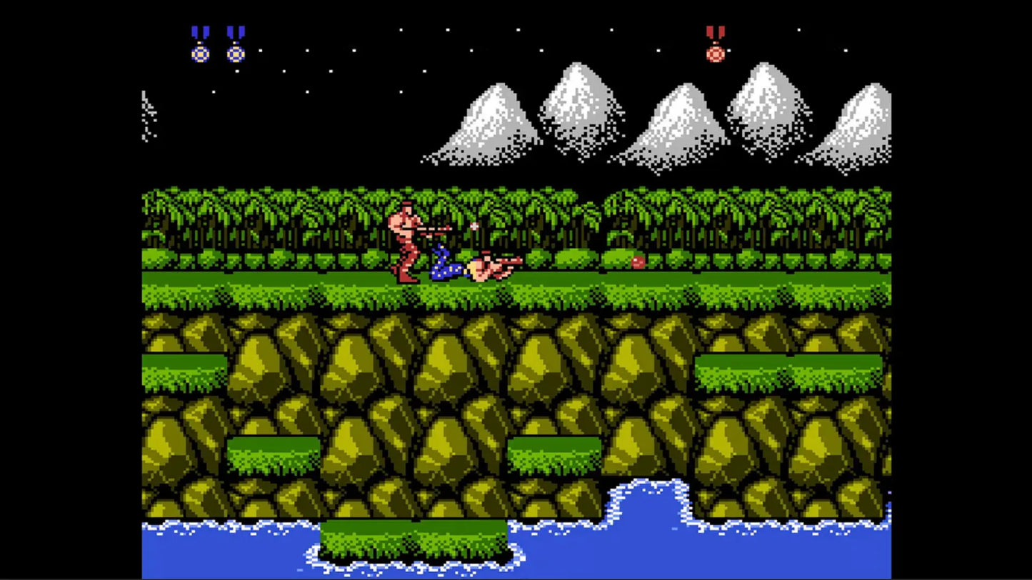 Contra cartridge for the Nintendo Entertainment System featuring fast paced 8 bit run and gun action with co op gameplay as commandos battling alien invaders across intense side scrolling stages gameplay
