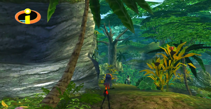 Disney Pixar The Incredibles Xbox action-adventure video game based on the animated film superhero family Mr Incredible Elastigirl Dash Violet Frozone crime fighting levels Syndrome omnidroid villain cooperative gameplay THQ Pixar license cel-shaded graphics super powers puzzle platforming gameplay screenshot