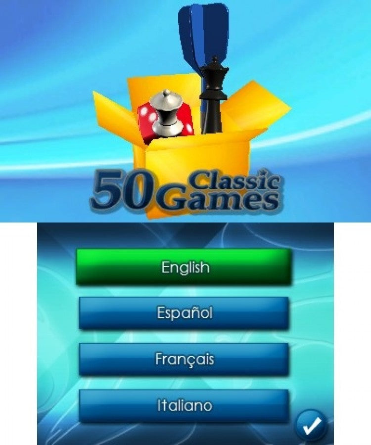 50 Classic Games start screen for Nintendo 3DS (3DS) puzzle and card compilation video game