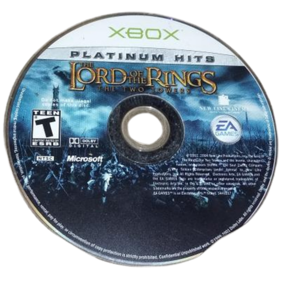 The Lord of the Rings The Two Towers Xbox inspired design featuring epic fantasy action adventure aesthetic Middle Earth warfare heroic battles against the forces of Mordor sword combat iconic fellowship characters cinematic Tolkien inspired gameplay presentation disc