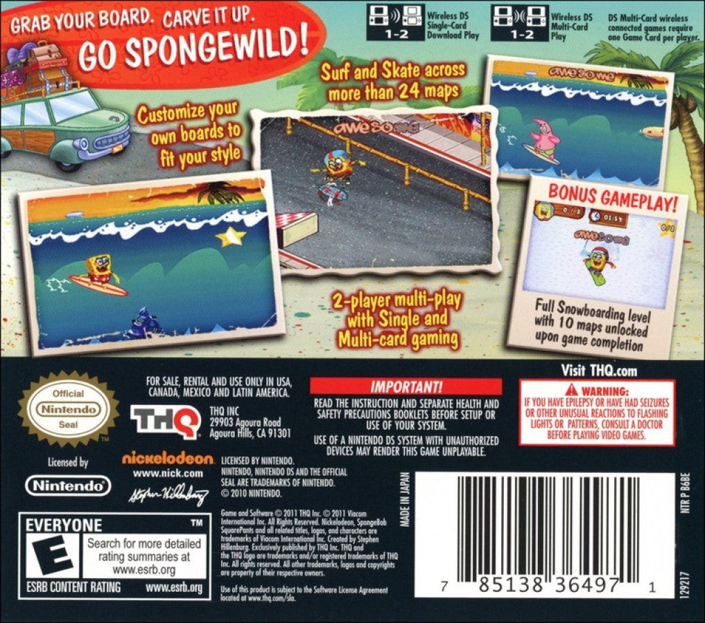SpongeBob Surf & Skate: Roadtrip for Nintendo DS sports adventure game featuring skateboarding and surfing challenges, colorful Bikini Bottom levels, mini games, and stylus controlled family friendly gameplay experience back cover