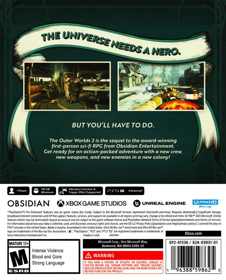 The Outer Worlds 2 PlayStation 5 PS5 for science fiction action role playing video game fans featuring open world space exploration first person combat customizable characters branching choices witty dialogue faction interactions diverse alien worlds quests and immersive futuristic RPG gameplay collectible gaming appeal back cover art