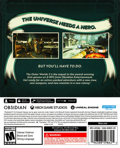 The Outer Worlds 2 PlayStation 5 PS5 for science fiction action role playing video game fans featuring open world space exploration first person combat customizable characters branching choices witty dialogue faction interactions diverse alien worlds quests and immersive futuristic RPG gameplay collectible gaming appeal back cover art
