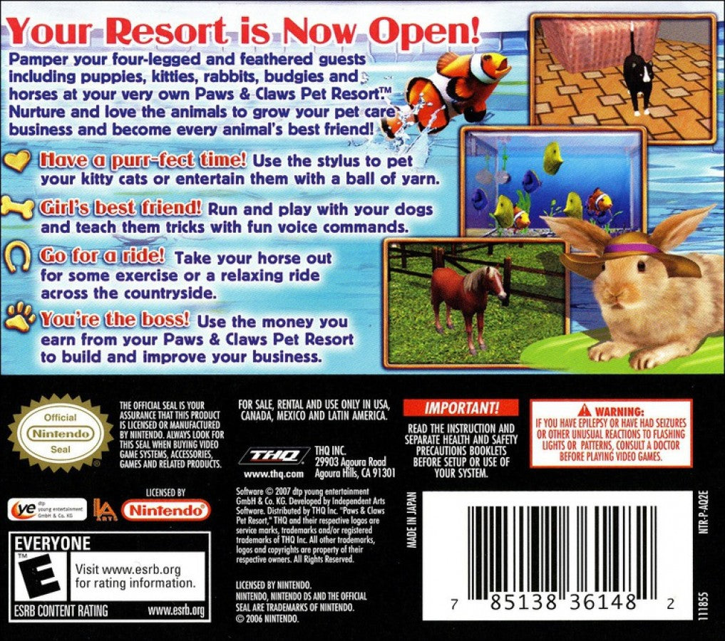Paws & Claws Pet Resort Nintendo DS video game, animal care simulation, resort management gameplay, family-friendly handheld console title back cover