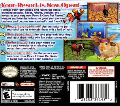 Paws & Claws Pet Resort Nintendo DS video game, animal care simulation, resort management gameplay, family-friendly handheld console title back cover