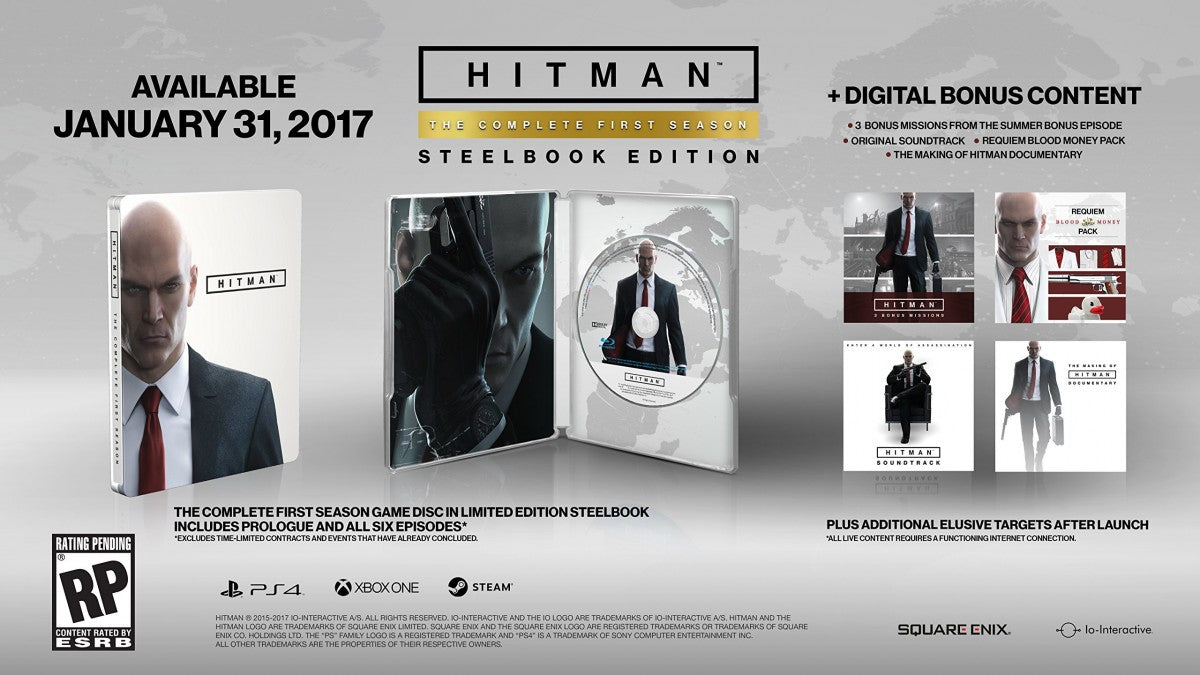 Hitman The Complete First Season Steelbook Edition PS4 game featuring episodic stealth assassination gameplay, open ended mission design, and collectible steelbook packaging contents