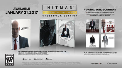 Hitman The Complete First Season Steelbook Edition PS4 game featuring episodic stealth assassination gameplay, open ended mission design, and collectible steelbook packaging contents