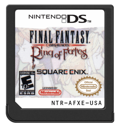 Final Fantasy Crystal Chronicles Ring of Fates game for the Nintendo DS featuring action RPG gameplay with real time combat multiplayer co op and a story driven fantasy adventure with twin protagonists exploring magical worlds cartridge