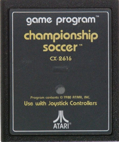 Championship Soccer for Atari 2600, cartridge for a soccer sports video game with arcade-style gameplay, team-based competition, retro controls, and classic football action