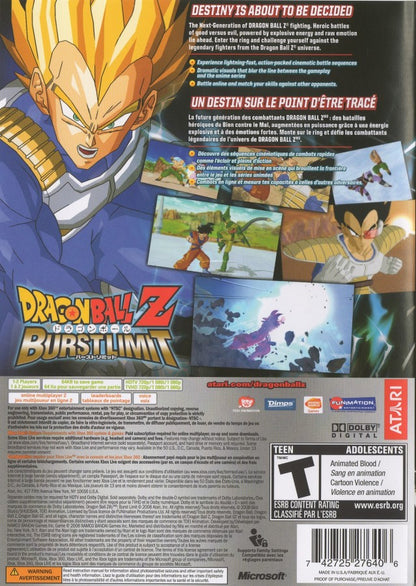 Dragon Ball Z: Burst Limit back of case for Xbox 360 (X360) fighting video game