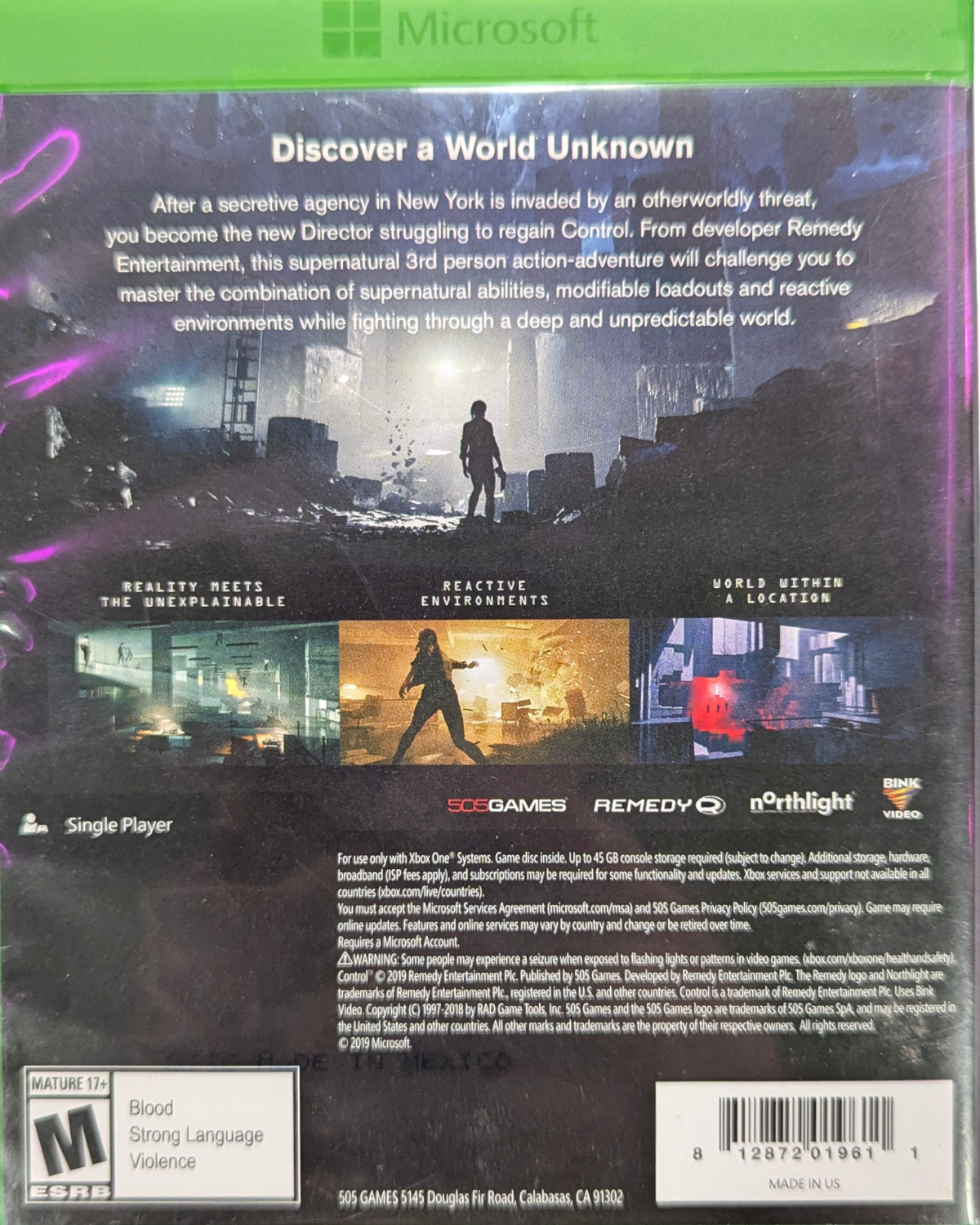 Control Xbox One action-adventure third-person shooter supernatural thriller Remedy Entertainment Jesse Faden The Oldest House telekinetic powers weapon forms eerie atmosphere brutalist architecture back cover
