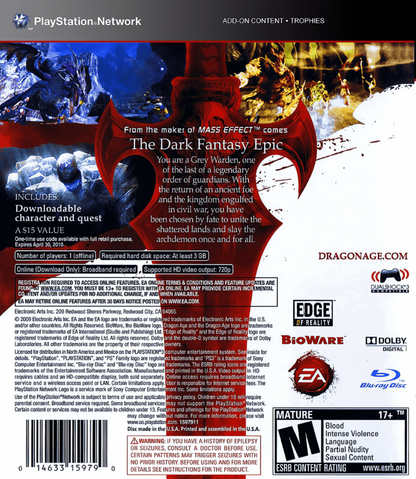 Dragon Age: Origins [Ultimate Edition] back cover art for PlayStation 3 (PS3) video game