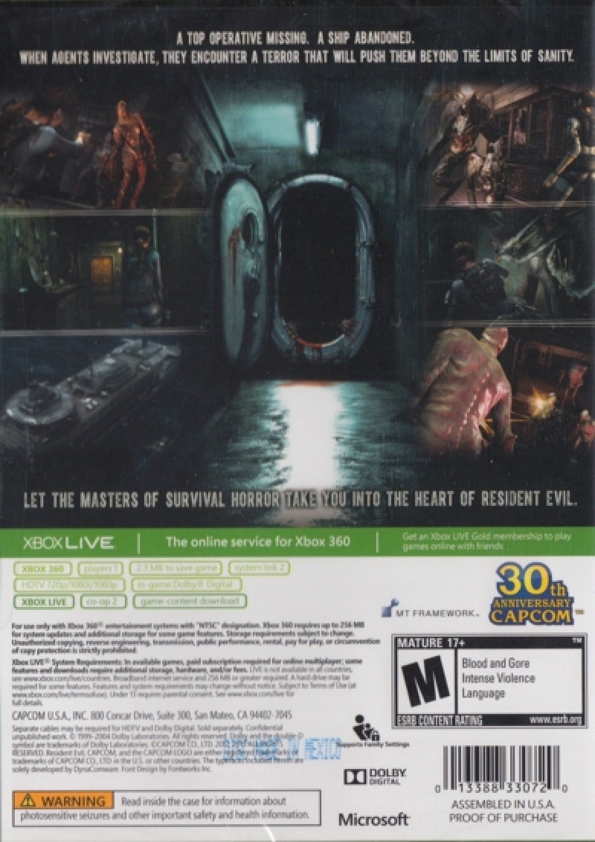 Retro Resident Evil Revelations inspired design featuring survival horror action aesthetic vintage handheld and console era atmospheric ship based outbreak tense exploration limited resources bio organic terror cinematic storytelling nostalgic Capcom horror presentation back cover art