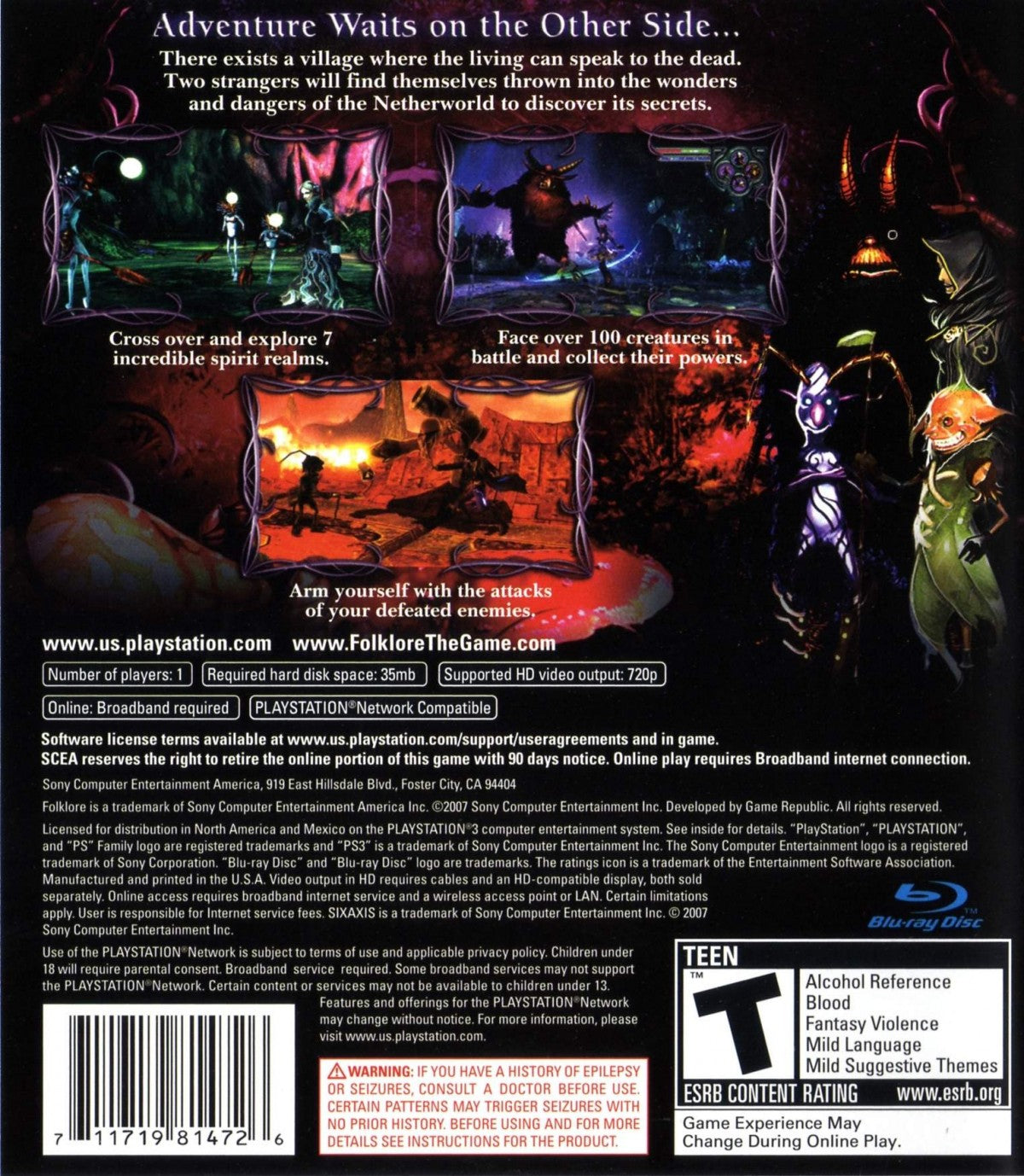 Folklore PlayStation 3 action RPG Irish mythology setting dual protagonists Ellen and Keats Netherworld realm capturing Folk creatures using Sixaxis motion controls unique summoning combat mechanics mystery narrative adventure Game Republic back cover