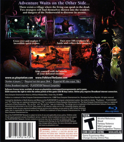 Folklore PlayStation 3 action RPG Irish mythology setting dual protagonists Ellen and Keats Netherworld realm capturing Folk creatures using Sixaxis motion controls unique summoning combat mechanics mystery narrative adventure Game Republic back cover
