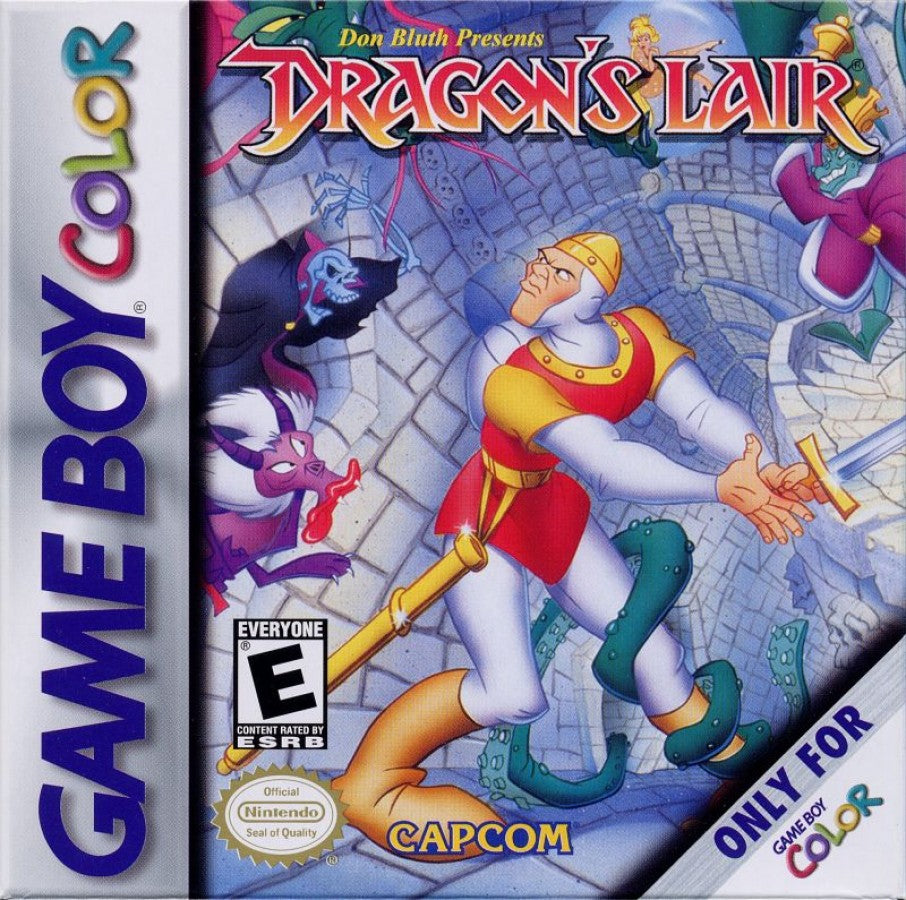 Dragons Lair for Game Boy Color, cover image for a platformer video game with side-scrolling gameplay, fantasy adventure, knight-based action, and classic arcade-style challenges