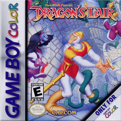 Dragons Lair for Game Boy Color, cover image for a platformer video game with side-scrolling gameplay, fantasy adventure, knight-based action, and classic arcade-style challenges