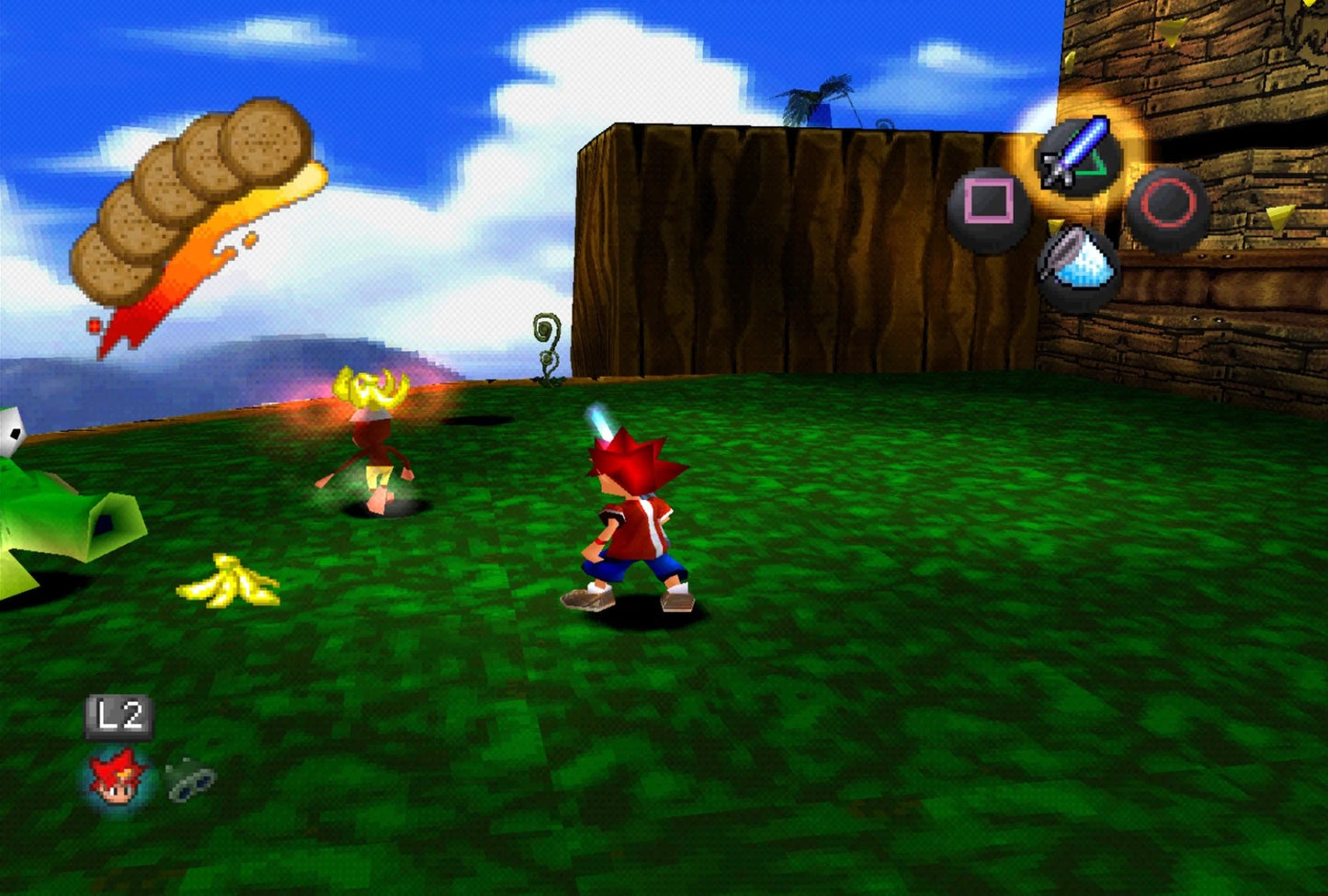 Ape Escape for PlayStation 1 action platformer featuring Spike capturing runaway monkeys using gadgets dual analog controls colorful levels and adventure gameplay