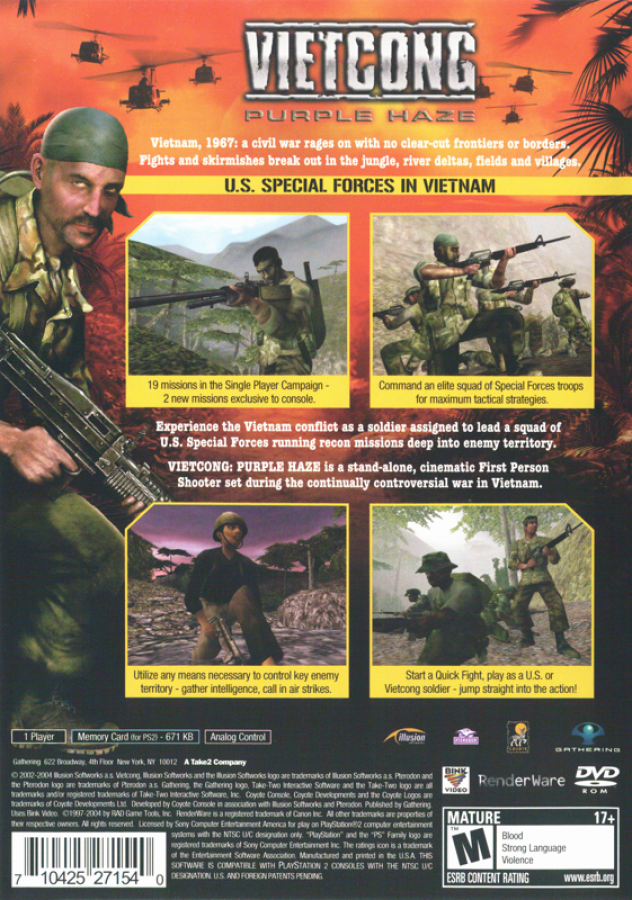 Vietcong: Purple Haze – PlayStation 2 (PS2) video game back of case, tactical first-person shooter.