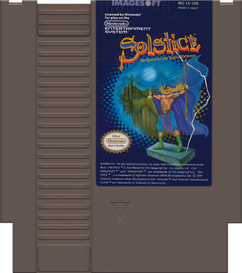 Solstice Nintendo Entertainment System NES video game featuring action adventure puzzle gameplay magical fantasy environments exploration challenging rooms item collection strategic problem solving and classic 8 bit gameplay retro video game collection collectible gaming appeal game cartridge
