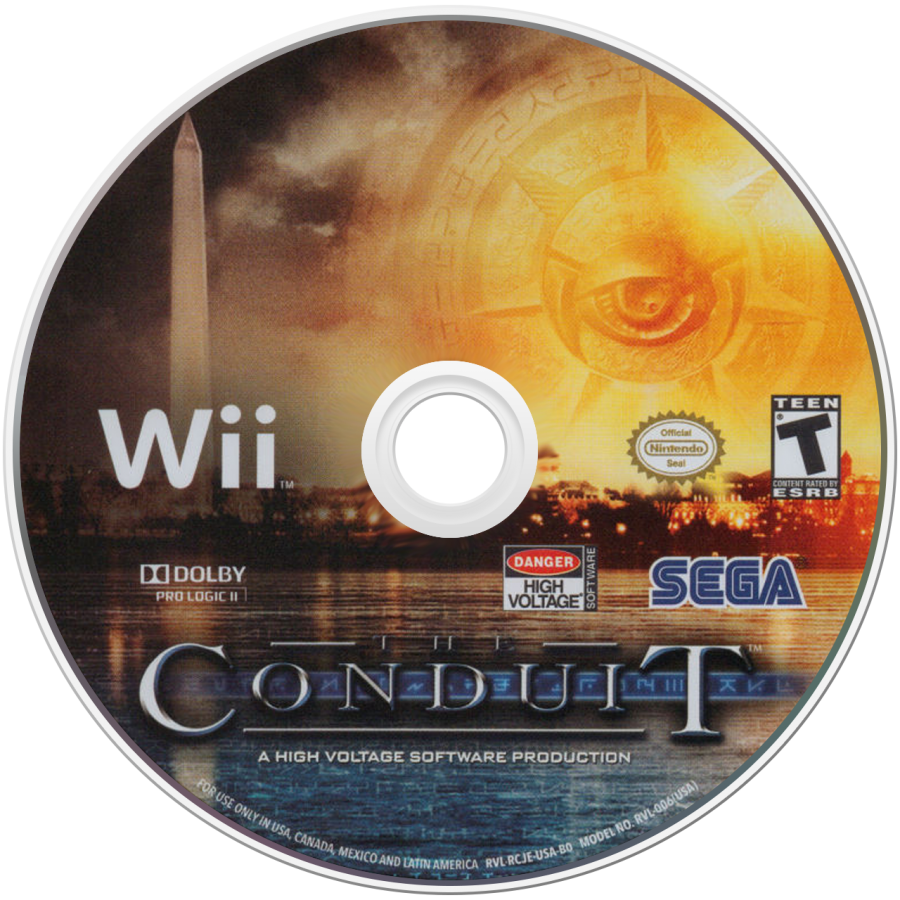 The Conduit disc art for Nintendo Wii game featuring first-person shooter action and sci-fi conspiracy gameplay