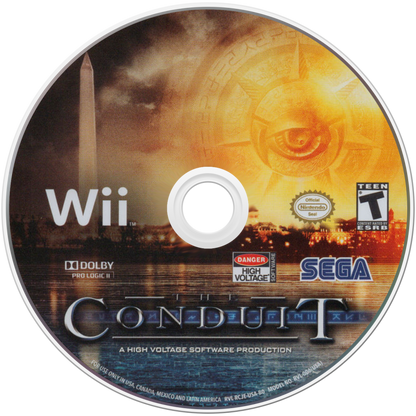 The Conduit disc art for Nintendo Wii game featuring first-person shooter action and sci-fi conspiracy gameplay