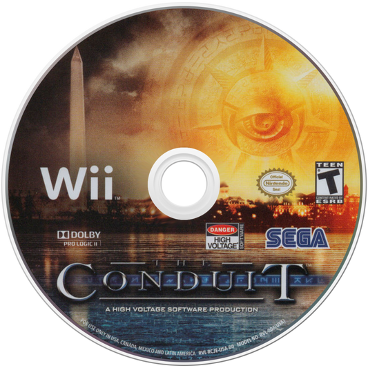 The Conduit disc art for Nintendo Wii game featuring first-person shooter action and sci-fi conspiracy gameplay