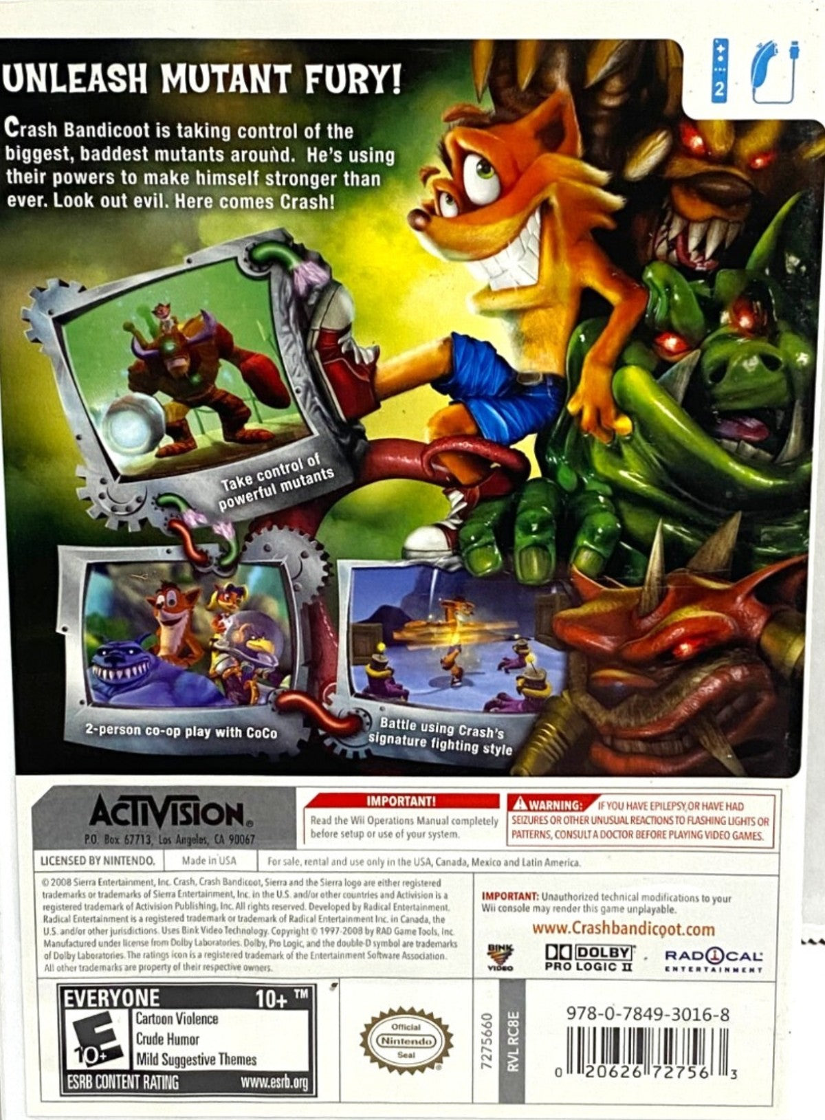 Crash: Mind over Mutant for Nintendo Wii action platformer adventure game featuring Crash Bandicoot mutant control abilities combat exploration humorous story gameplay back cover