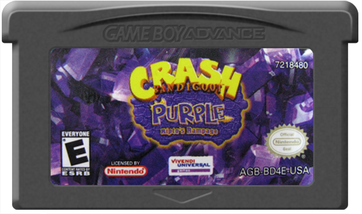 Crash Bandicoot Purple for Game Boy Advance, cartridge for a party mini-game video game with crossover gameplay, character-based challenges, mini-games, and cartoon-style action