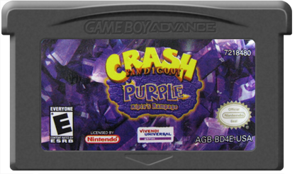 Crash Bandicoot Purple for Game Boy Advance, cartridge for a party mini-game video game with crossover gameplay, character-based challenges, mini-games, and cartoon-style action