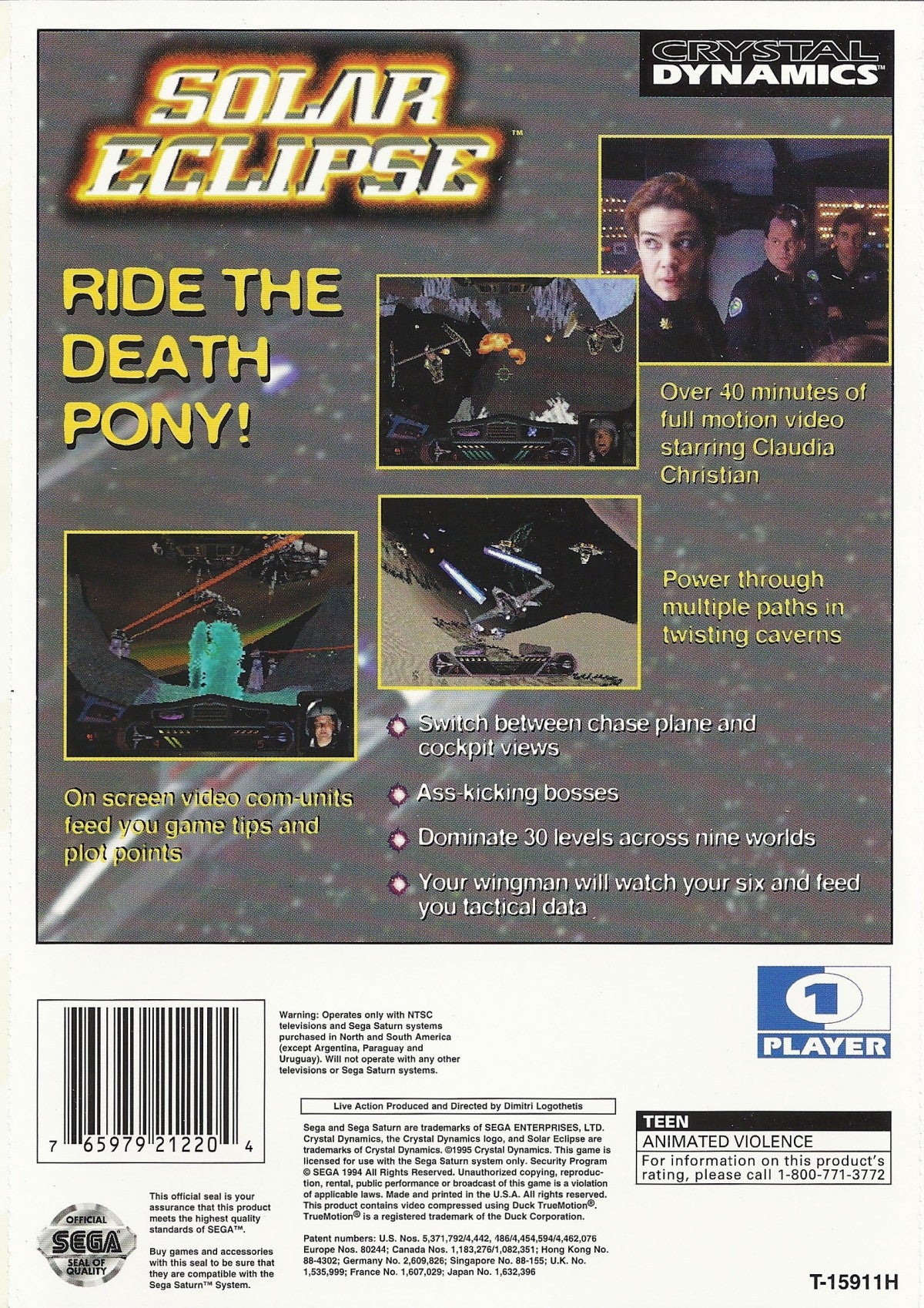 Solar Eclipse Sega Saturn space combat simulator first person starfighter shooter sci fi dogfighting missions cockpit view planetary defense battles cinematic space warfare retro gaming Sega Saturn software video game title back cover art