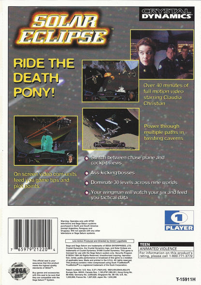 Solar Eclipse Sega Saturn space combat simulator first person starfighter shooter sci fi dogfighting missions cockpit view planetary defense battles cinematic space warfare retro gaming Sega Saturn software video game title back cover art