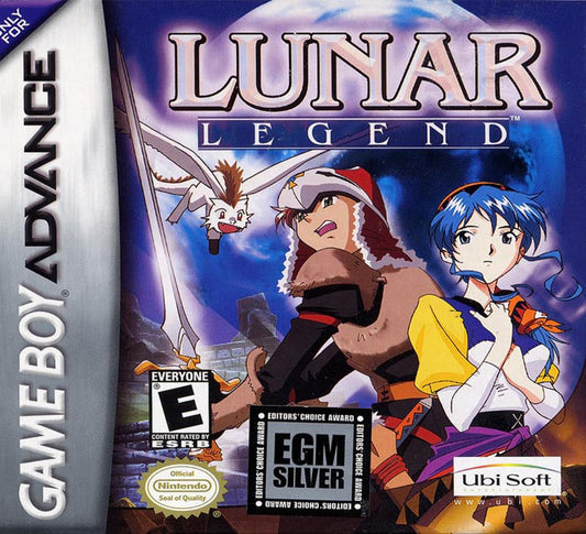 Lunar Legend cartridge for the Game Boy Advance featuring classic turn based RPG gameplay with anime style visuals character driven storytelling and a fantasy adventure based on the Lunar series cover art