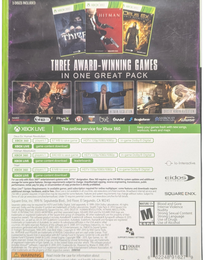 Ultimate Stealth Triple Pack Xbox 360 compilation bundle containing Thief stealth first-person action Hitman Absolution assassination sandbox and Deus Ex Human Revolution cyberpunk immersive sim RPG back cover
