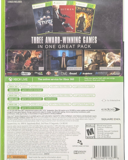 Ultimate Stealth Triple Pack Xbox 360 compilation bundle containing Thief stealth first-person action Hitman Absolution assassination sandbox and Deus Ex Human Revolution cyberpunk immersive sim RPG back cover
