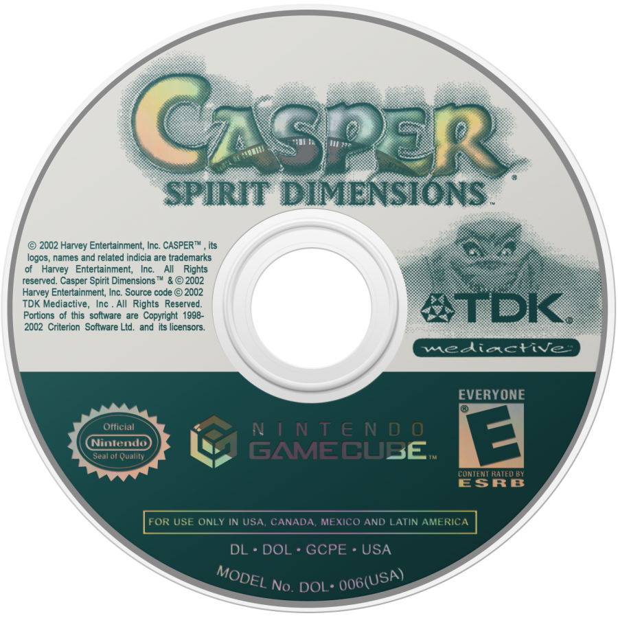 Casper Spirit Dimensions for GameCube featuring family friendly action adventure gameplay with light puzzle elements disc