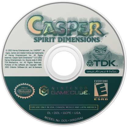 Casper Spirit Dimensions for GameCube featuring family friendly action adventure gameplay with light puzzle elements disc