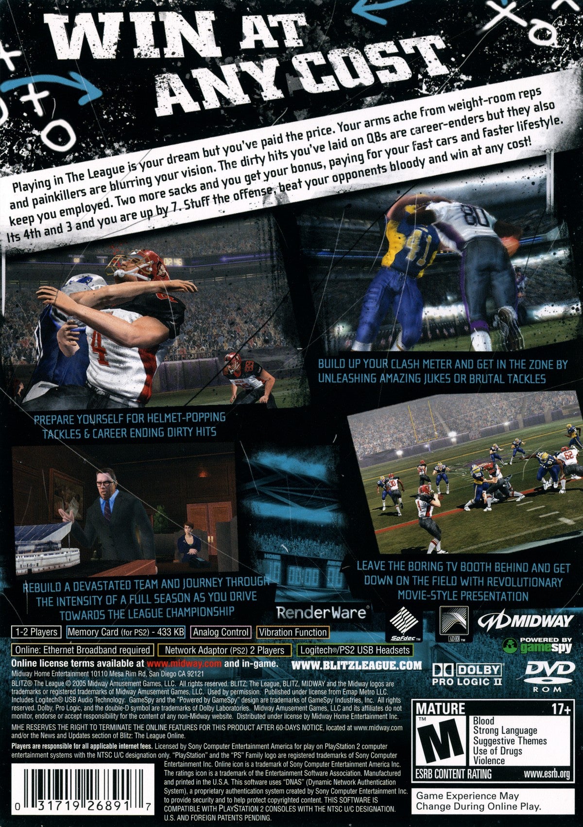 Blitz: The League for PlayStation 2 with intense arcade-style football theme gameplay back cover art