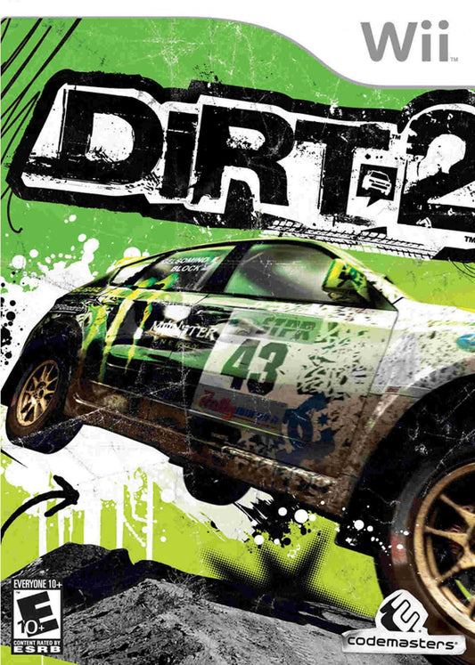 DiRT 2 for Wii off road racing video game featuring rally style tracks dynamic terrain arcade inspired handling competitive events and immersive Codemasters motorsports experience cover