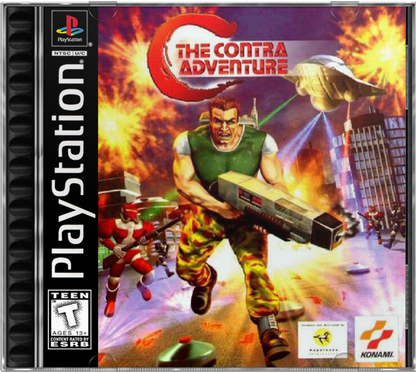 C The Contra Adventure PS1 PlayStation 1 run and gun action shooter platform game Contra series arcade style combat retro video game cover art