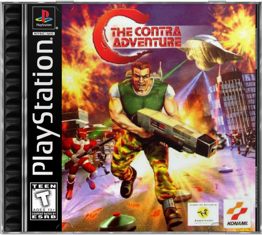 C The Contra Adventure PS1 PlayStation 1 run and gun action shooter platform game Contra series arcade style combat retro video game cover art