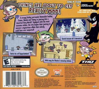 The Fairly OddParents Shadow Showdown for Game Boy Advance, back of box for a retro video game featuring side-scrolling platforming gameplay, magical abilities, cartoon-style action, and character-based adventure challenges