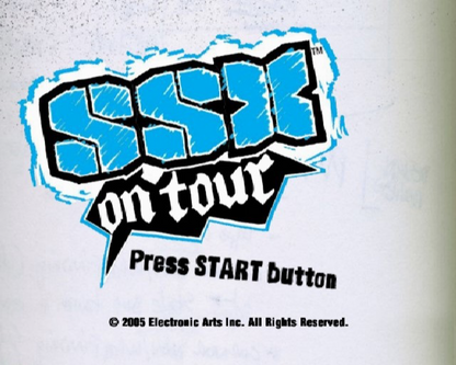 SSX On Tour retro PlayStation 2 video game featuring arcade snowboarding, downhill skiing, trick competitions and extreme sports multiplayer title screen