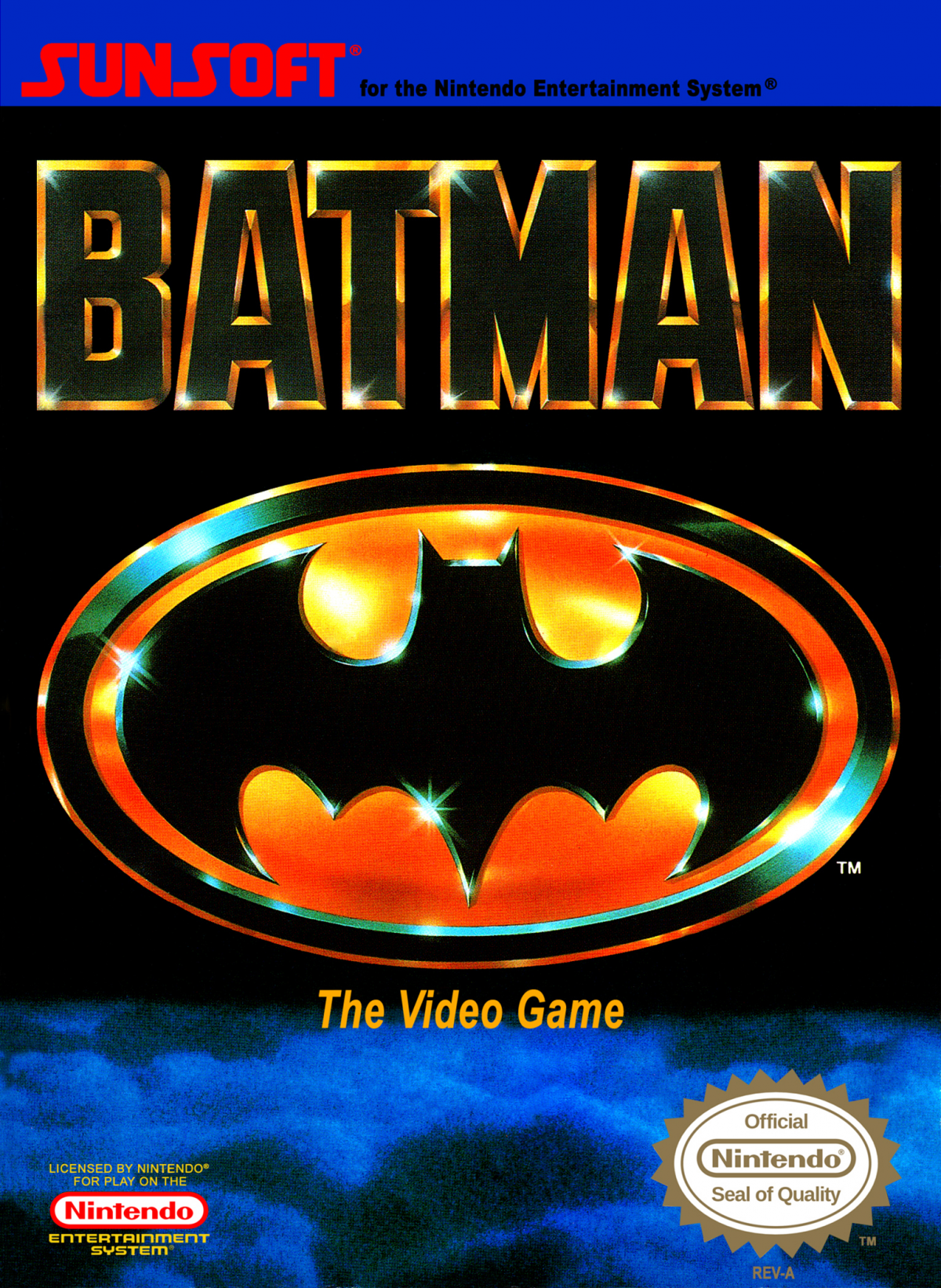 Batman The Video Game game for the Nintendo Entertainment System featuring side scrolling action platformer gameplay with wall jumping mechanics projectile weapons and challenging levels as Batman battles enemies across Gotham City inspired by the 1989 film cover art