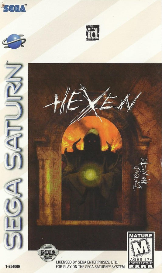 Hexen Sega Saturn first person shooter fantasy dark magic dungeon crawler FPS Heretic series Raven Software medieval horror spells weapons exploration puzzle elements retro Saturn game Sega Saturn software video game title front cover