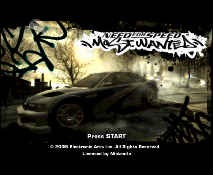 Need for Speed: Most Wanted for Nintendo GameCube (GC) at Gamers INC, featuring the high-stakes illegal street racing hit that challenges you to outrun the most aggressive police chases in the series as you climb the "Blacklist" of the underground's elite drivers, utilizing intense pursuit evasion tactics, deep car customization, and cinematic open-world gameplay to become the most wanted racer in Rockport City main menu title screen