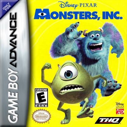 Disney Pixar Monsters, Inc. platformer retro video game for Nintendo Game Boy Advance (GBA), featuring Sulley and Mike Wazowski cover art